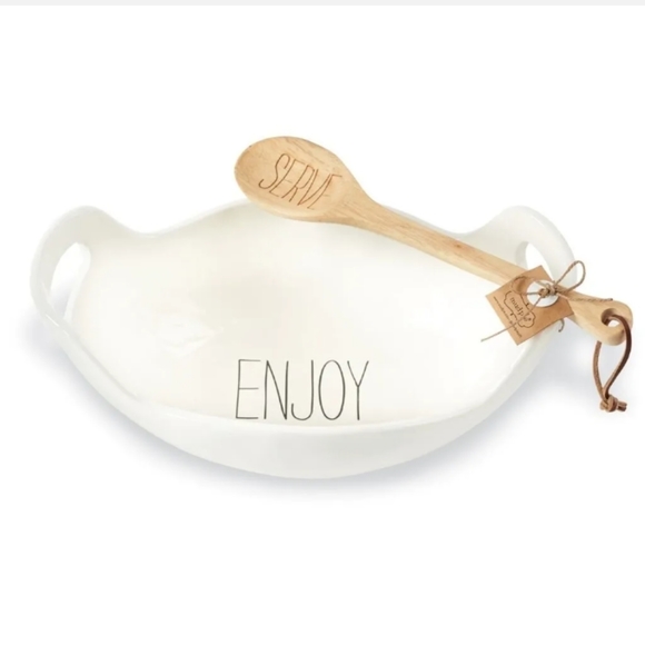 Serving Bowl and Wood Spoon Set Enjoy and Serve - Picture 2 of 7